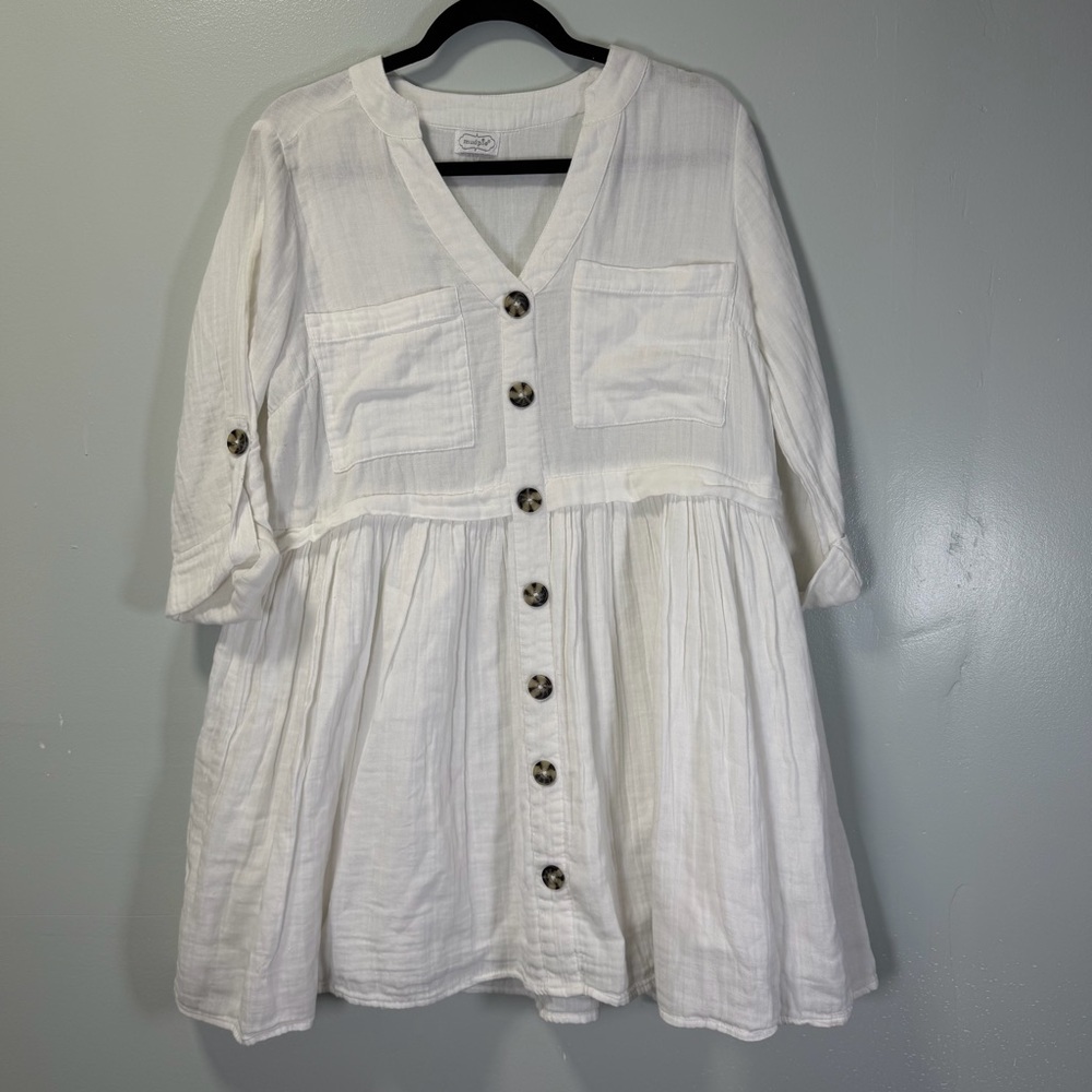 Mud Pie White Cotton Gauze Button Front Tunic Shirt Small